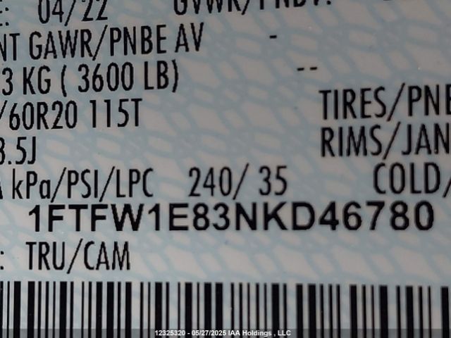 1FTFW1E83NKD46780 Ford F150 Supercrew