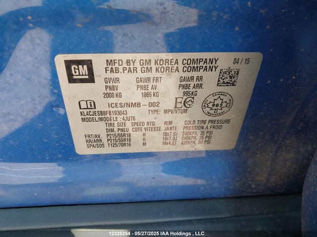 Продажа на аукционе авто 2015 Buick Encore, vin: KL4CJESB8FB193043, номер лота: 12325354