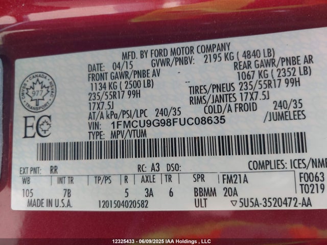Ford ESCAPE SE 2015 1FMCU9G98FUC08635 Image 9