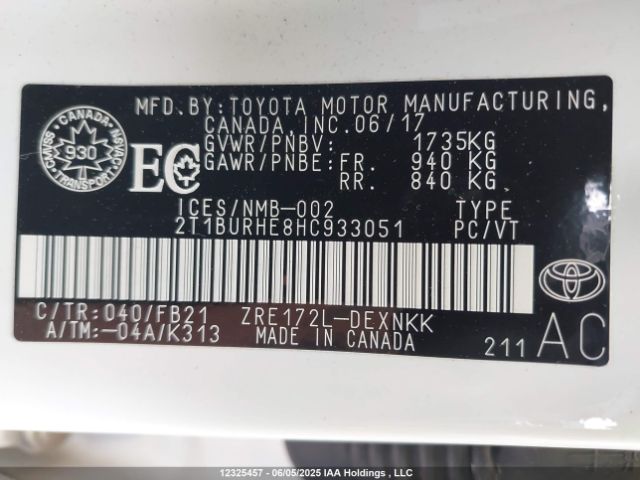 2T1BURHE8HC933051 Toyota 2zr-fe