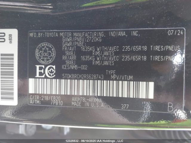 5TDKBRCH2RS628743 Toyota Highlander Hybrid Xle