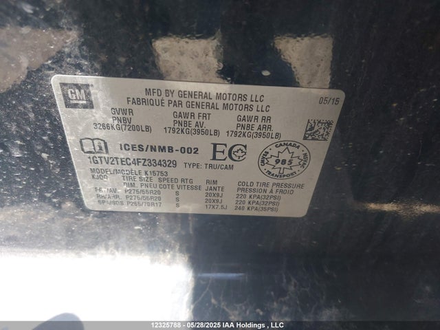 Aukcja sprzedaży 2015 Gmc Sierra 1500, vin: 1GTV2TEC4FZ334329, numer aukcji: 12325788