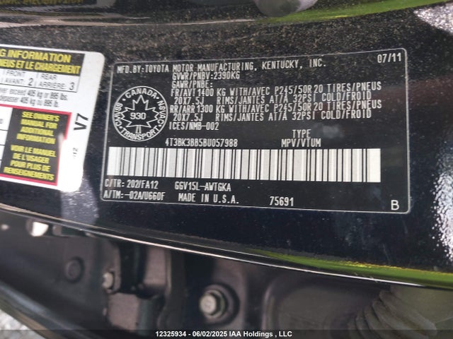 12325934 :رقم المزاد ، 4T3BK3BB5BU057988 vin ، 2011 Toyota Venza مزاد بيع