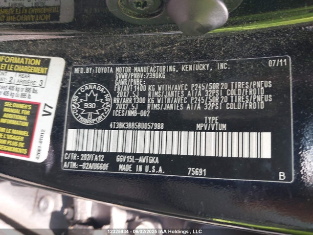 12325934 :رقم المزاد ، 4T3BK3BB5BU057988 vin ، 2011 Toyota Venza مزاد بيع