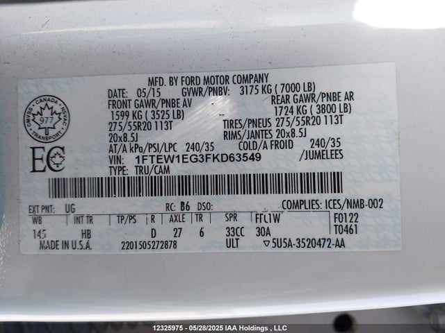 Ford F150 Supercrew 2015 1FTEW1EG3FKD63549 Image 9