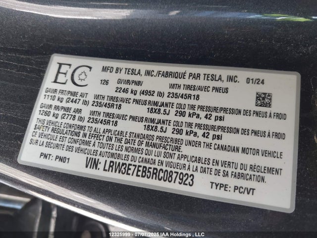 Продажа на аукционе авто 2024 Tesla Model 3, vin: LRW3E7EB5RC087923, номер лота: 12325999