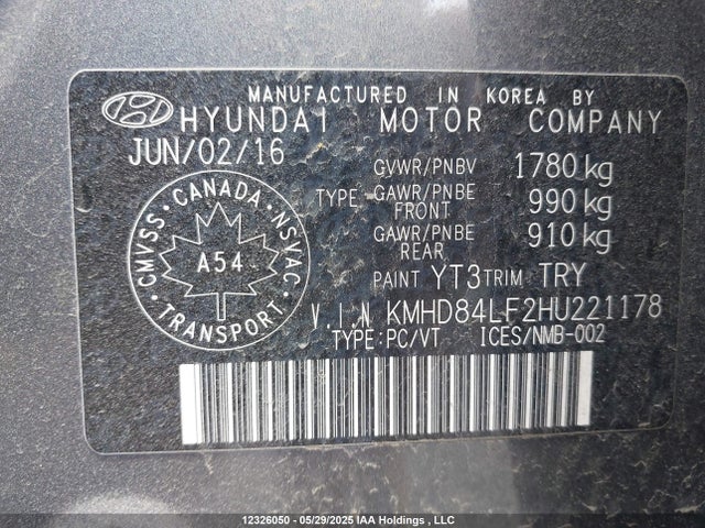 KMHD84LF2HU221178 Hyundai 2017