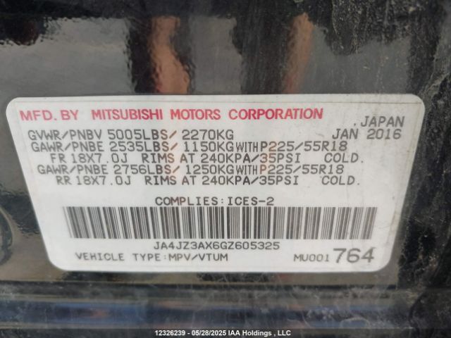 JA4JZ3AX6GZ605325 Mitsubishi Outlander Se/sel