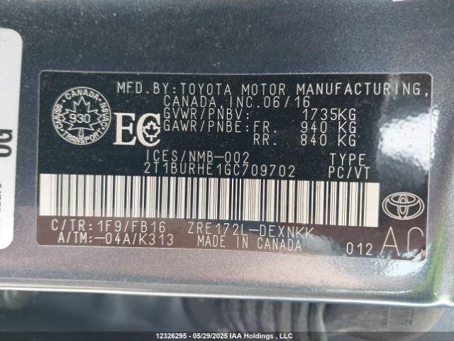 2T1BURHE1GC709702 Toyota 2zr-fe