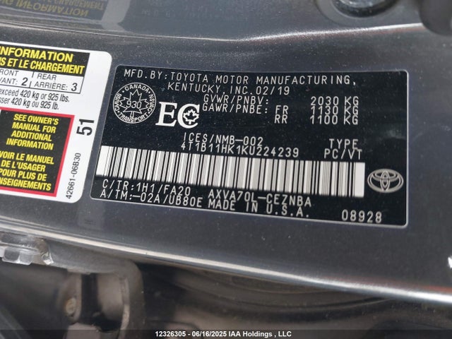 4T1B11HK1KU224239 Toyota a25a-fks