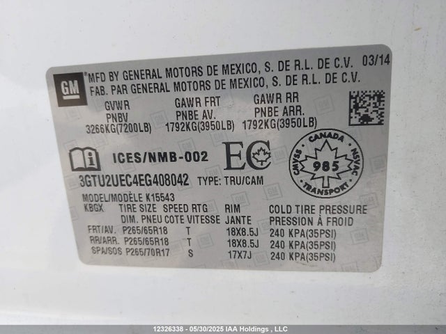 3GTU2UEC4EG408042 GMC l83 - vvt, afm (active fuel management), aluminum