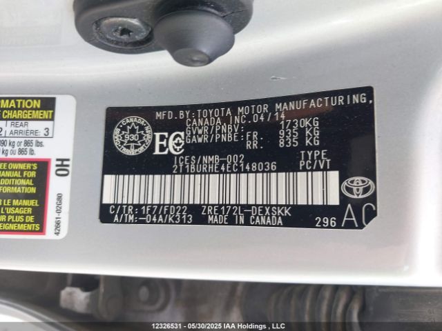 2T1BURHE4EC148036 Toyota 2zr-fe