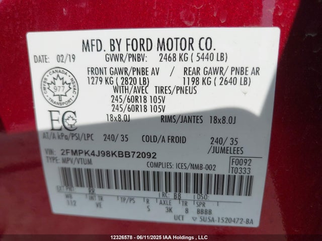 2FMPK4J98KBB72092 Ford 2.0l gtdi w/premium fuel
