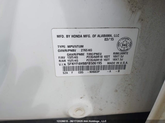 5FNYF4H98FB506195 Honda j35z4