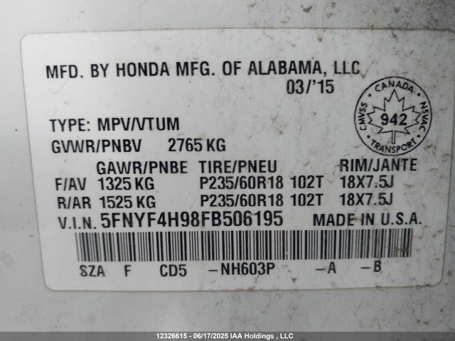 5FNYF4H98FB506195 Honda j35z4