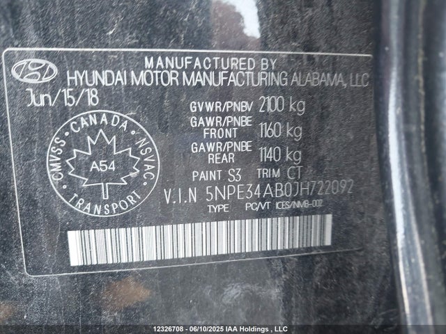 5NPE34AB0JH722092 Hyundai t-gdi theta-ii