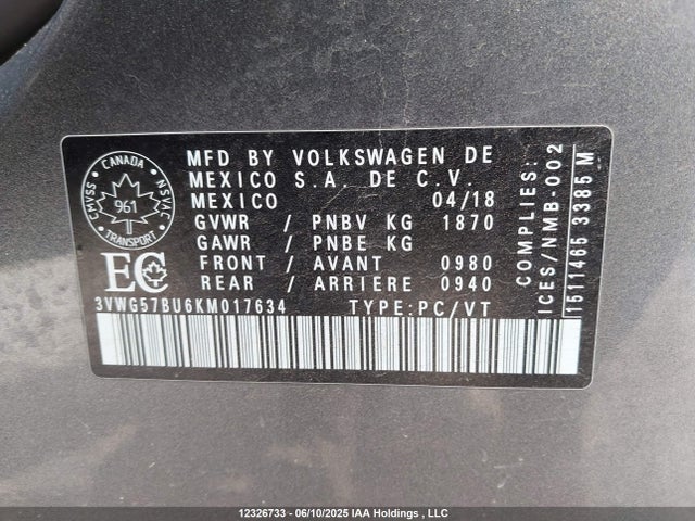 3VWG57BU6KM017634 Volkswagen 1.4 tsi