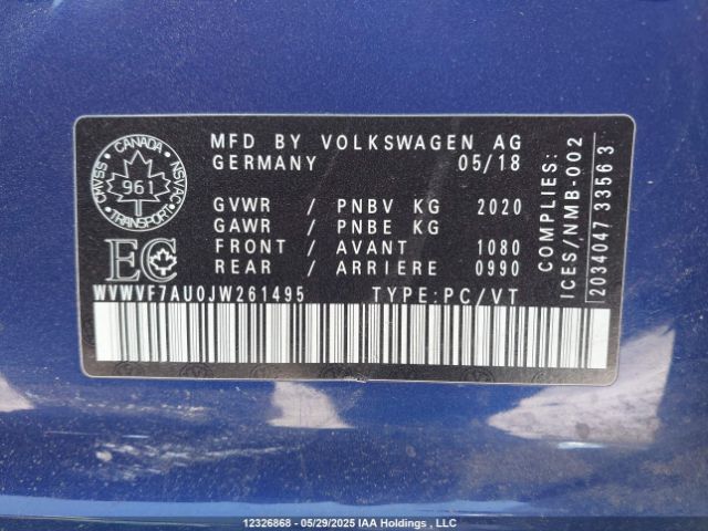 WVWVF7AU0JW261495 Volkswagen Golf R
