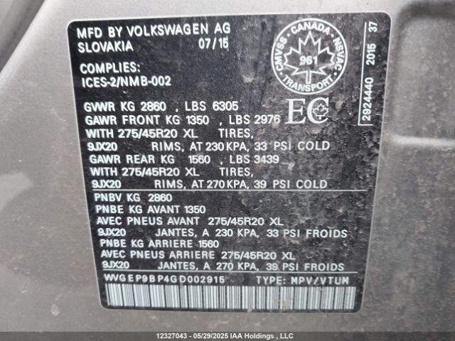 WVGEP9BP4GD002915 Volkswagen Touareg 3.0 Tdi Comfortline/3.0 Tdi Execline/3.0 Tdi Highline/3.0 Tdi Sportline