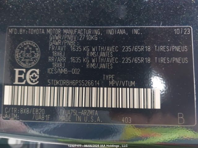 5TDKDRBH6PS526614 Toyota t24a-fts