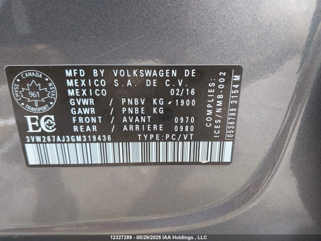 3VW267AJ3GM319436 Volkswagen 2016
