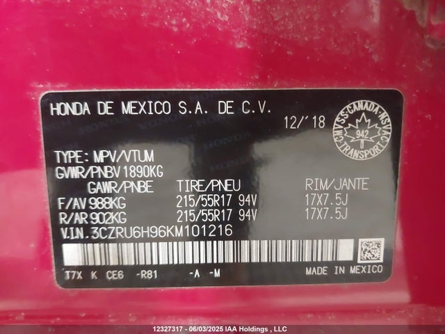 3CZRU6H96KM101216 Honda r18z9
