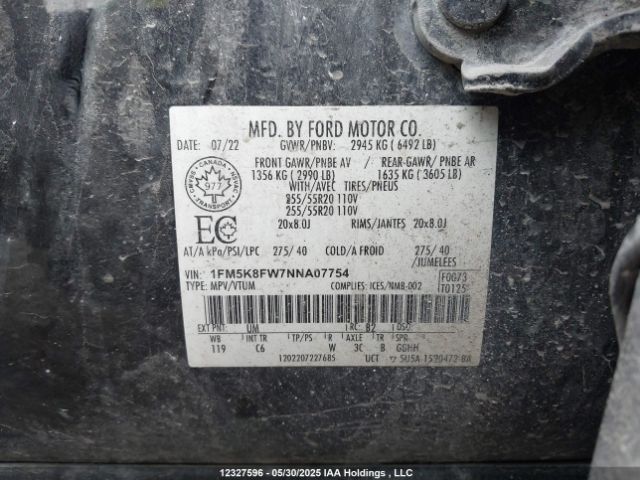 1FM5K8FW7NNA07754 Ford Explorer Limited