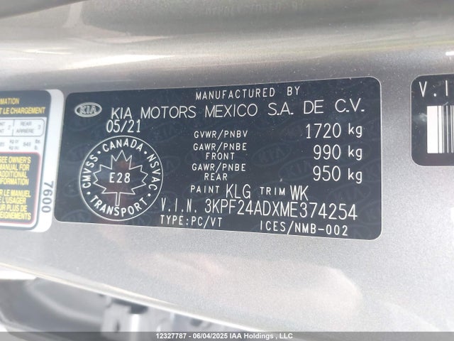 3KPF24ADXME374254 KIA mpi nu