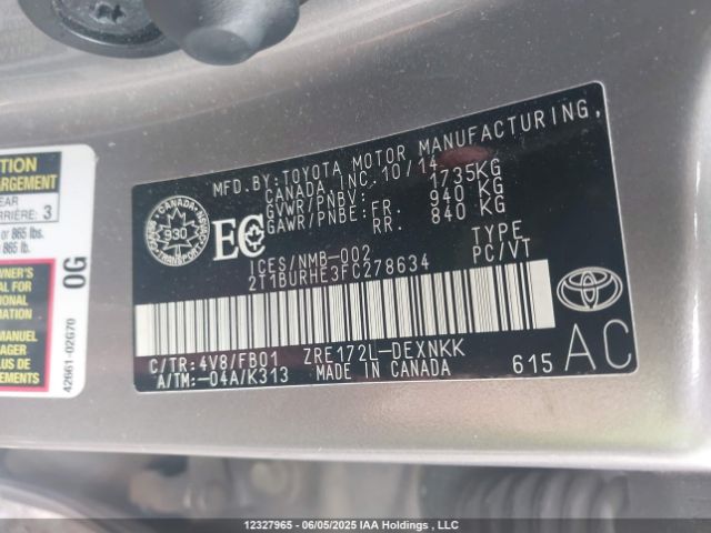 2T1BURHE3FC278634 Toyota 2zr-fe