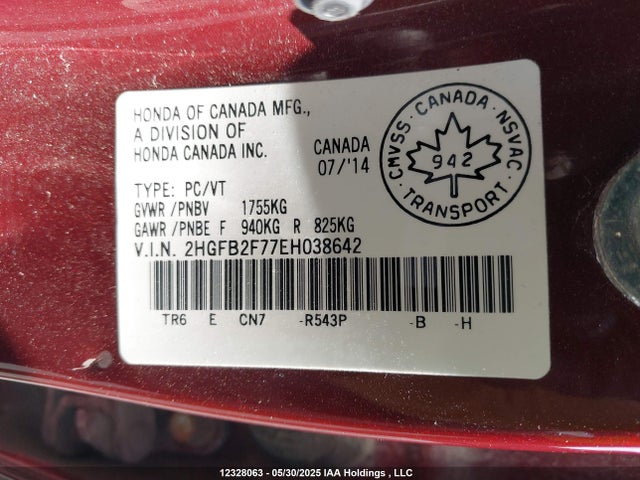 Honda r18z1 2014 2HGFB2F77EH038642 Image 9