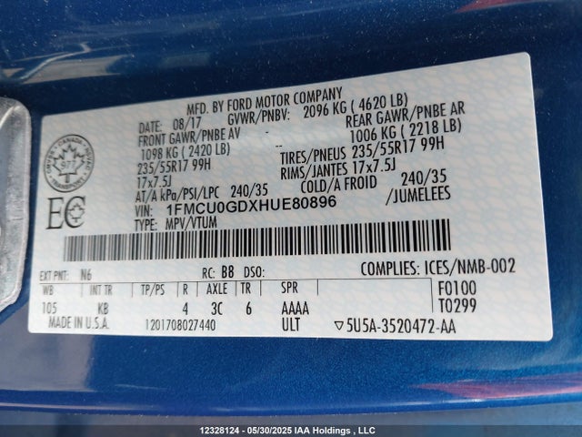 1FMCU0GDXHUE80896 Ford gtdi sigma w/premium fuel