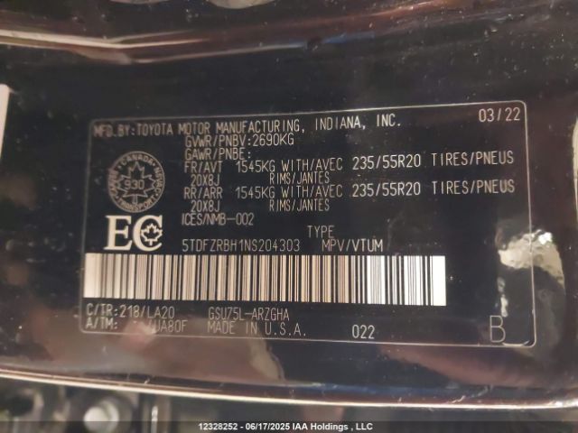 5TDFZRBH1NS204303 Toyota 2gr-fks