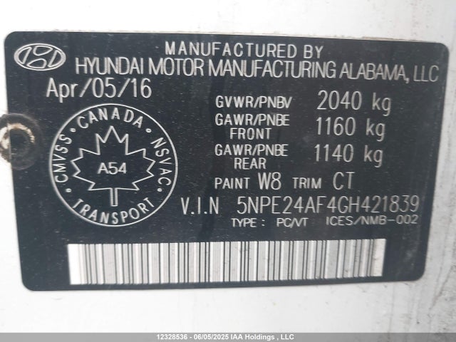 5NPE24AF4GH421839 Hyundai dohc gdi theta-ii