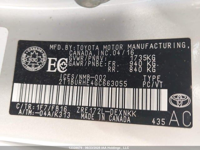 2T1BURHE4GC663055 Toyota 2zr-fe