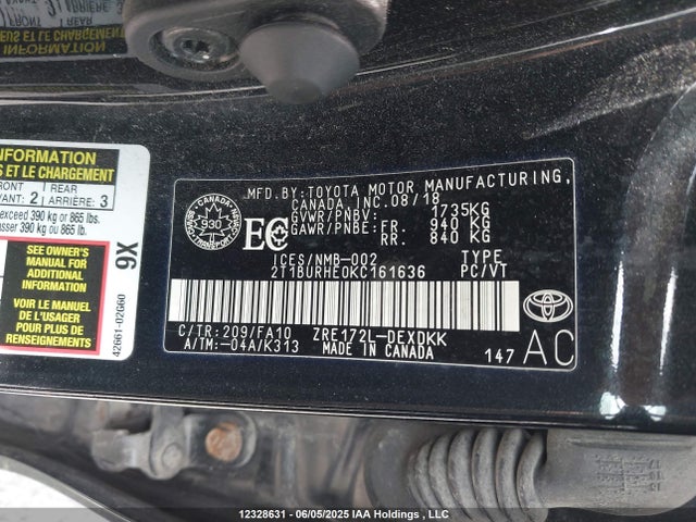 2T1BURHE0KC161636 Toyota 2zr-fe