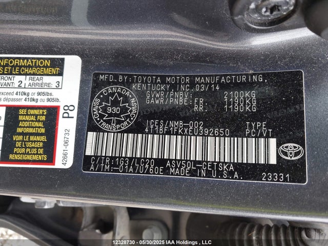 4T1BF1FKXEU392650 Toyota 2ar-fe
