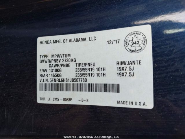 5FNRL6H81JB507780 Honda Odyssey Touring