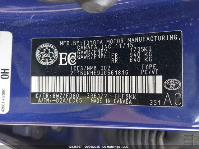 2T1BURHE9GC561816 Toyota 2zr-fe