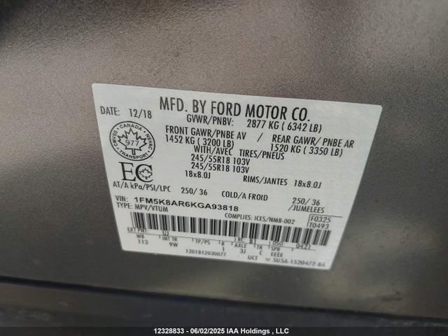 1FM5K8AR6KGA93818 Ford 3.7l ti-vct