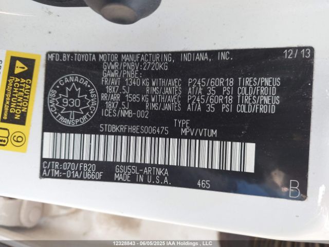 5TDBKRFH8ES006475 Toyota 2gr-fe