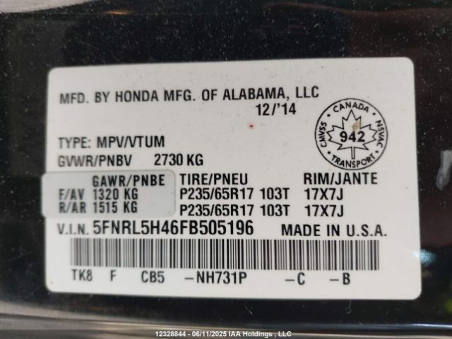 5FNRL5H46FB505196 Honda ODYSSEY EX