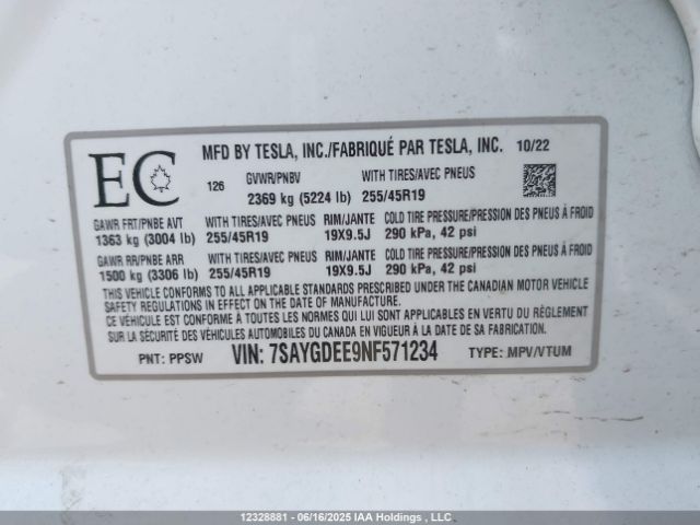 7SAYGDEE9NF571234 Tesla Model Y Long Range