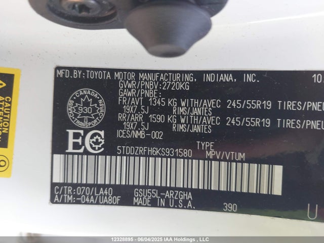 5TDDZRFH6KS931580 Toyota 2gr-fks