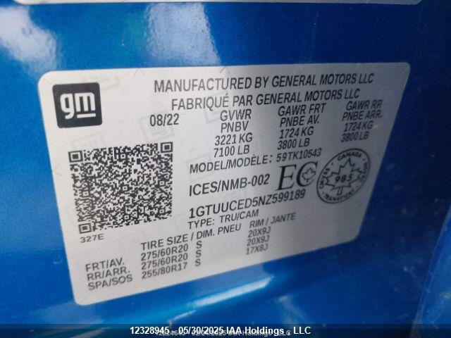 2022 Gmc Sierra 1500 Elevation მანქანა იყიდება აუქციონზე, vin: 1GTUUCED5NZ599189, აუქციონის ნომერი: 12328945