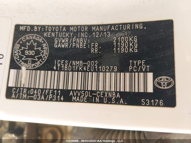 4T1BD1FK4EU110279 Toyota 2ar-fxe+2jm