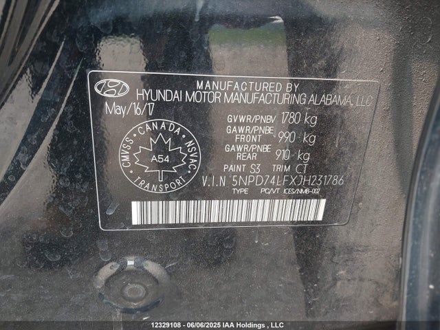 5NPD74LFXJH231786 Hyundai mpi nu