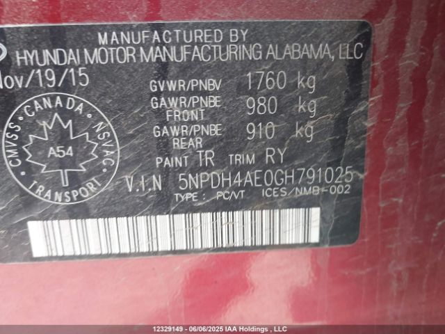 5NPDH4AE0GH791025 Hyundai Elantra Se/sport/limited