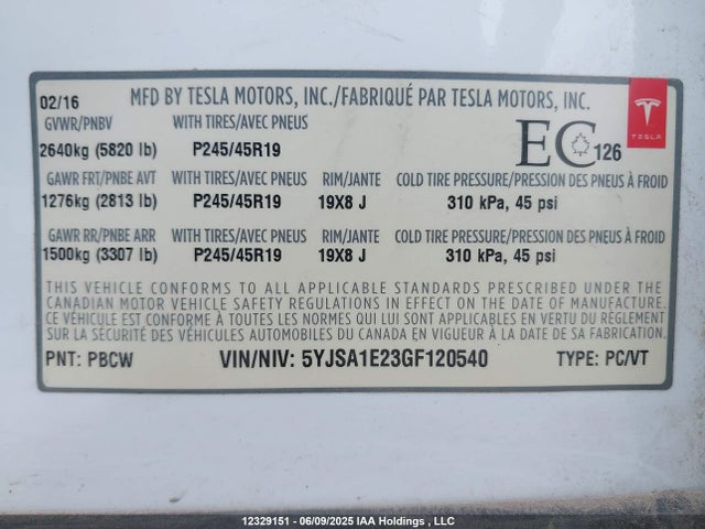 5YJSA1E23GF120540 Tesla 3 phase a/c induction (dual motor)