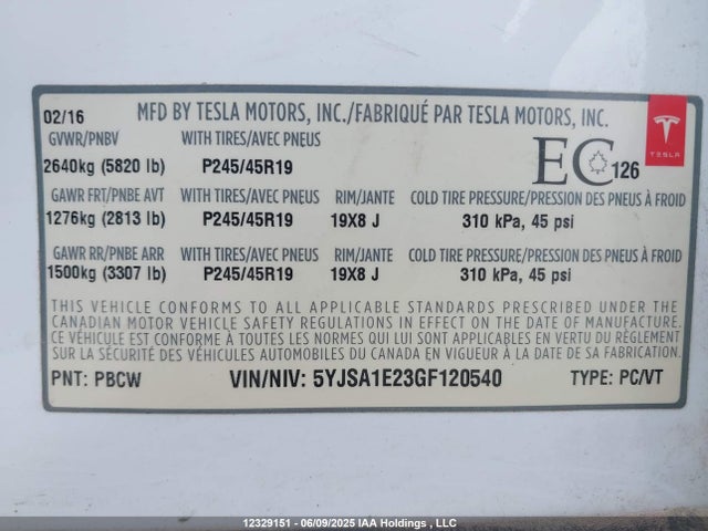 5YJSA1E23GF120540 Tesla 3 phase a/c induction (dual motor)