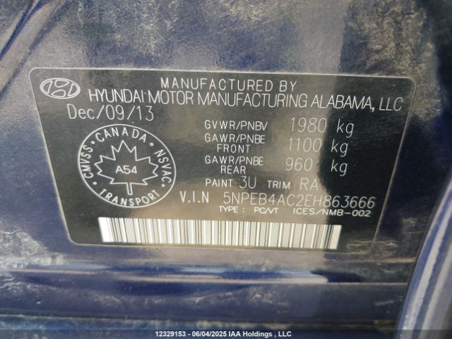 5NPEB4AC2EH863666 Hyundai Sonata